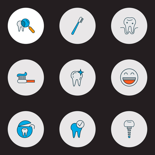 Iconos dentales de línea de colores con implante dental, parodontosis, cuidado dental y otros elementos de implantación. Iconos de dientes de ilustración aislados
. - Foto, imagen