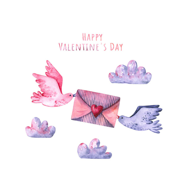Aquarell-Umschlag mit Herz, Vögeln, Wolken. Handgezeichnete Illustration  - Foto, Bild