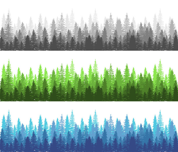 Forest different season Summer, Winter and Dark Forest collection. Pine, Spruce and Christmas Tree Panorama view Forest. Silhouette Trees. Vector illustration - Vector, Image