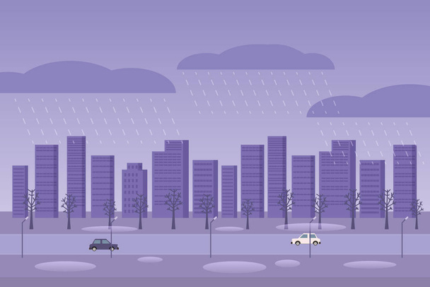 Tempo autunnale città giorno piovoso. Pioggia auto stradali città pozzanghere autunno novembre ottobre stagione paesaggio urbano. Illustrazione vettoriale piatta del fumetto minimo
 - Vettoriali, immagini