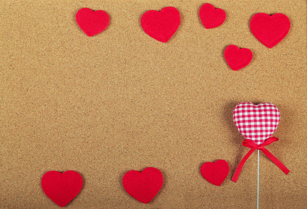 Greeting Card for Valentines Day. Red hearts on wooden background. Copy space. Flat lay - 写真・画像