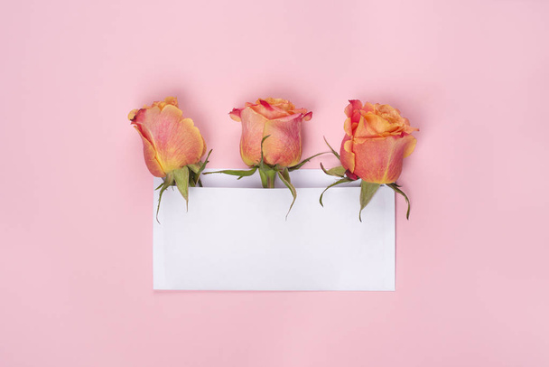 Σύνθεση ροζ και πορτοκαλί τριαντάφυλλου με λευκή κάρτα, σε ανοιχτό ροζ φόντο. Αντιγραφή χώρου. - Φωτογραφία, εικόνα