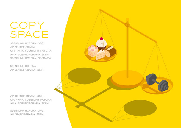 Cake and Dumbbell on Scales 3d izometrikus minta, Pékség egészséges étrend vagy lefogy koncepció poszter és szociális banner vízszintes post design illusztráció elszigetelt sárga háttér, vektor - Vektor, kép