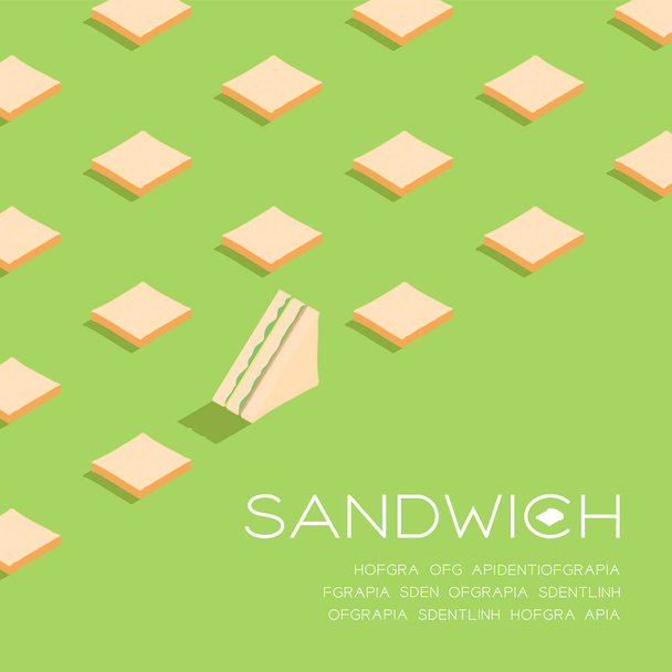 Половина сендвіч зі скибочковим хлібом 3D ізометричний візерунок, концепція сніданку пекарні плакат і соціальний банер пост квадратний дизайн ілюстрації ізольовані на зеленому фоні з простором для копіювання, векторні eps 10
 - Вектор, зображення