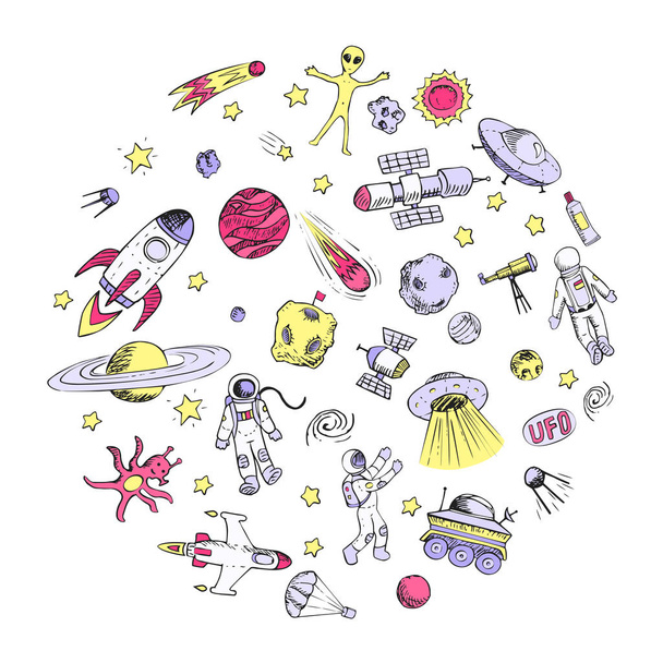 Vector doodle objetos espaciales. Astronauta, alienígena, galaxia, nave espacial, astronauta
. - Vector, imagen