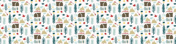 Зимова сцена з Fir Tree an House Border Pattern. Безшовні стрічки для різдвяних свят текстури. Редагування паперових знаків. Ідеально підходить для стрічки Ваші. Векторні повторення порад 10 - Вектор, зображення