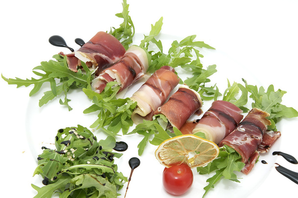 Rolls of meat and greens on a white background - Φωτογραφία, εικόνα