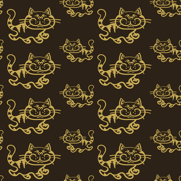 Απρόσκοπτη χαριτωμένο μοτίβο γάτας. Πρότυπο σχεδίασης εκτύπωσης. Ταπετσαρία υφή. Απρόσκοπτη μοτίβο φόντου. Χρώμα στην εικόνα: μαύρο, χρυσό. Εικονογράφηση διανύσματος. - Διάνυσμα, εικόνα