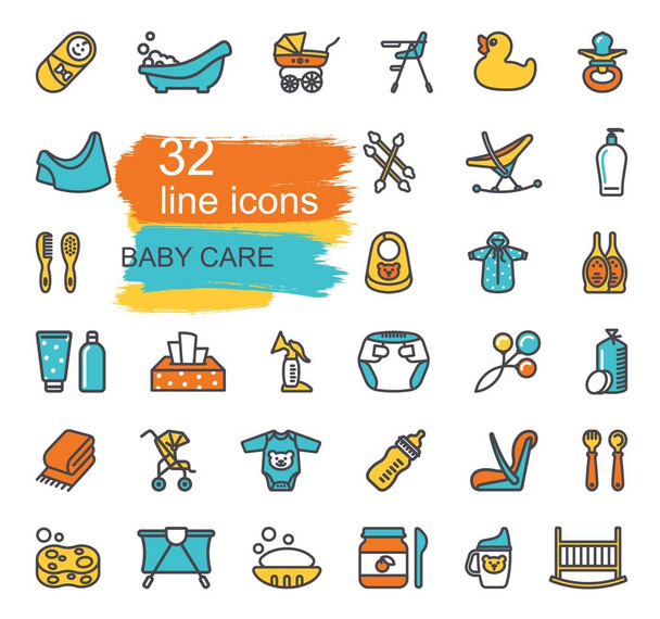 Lineáris ikonok a gyermekgondozás témájában. Újszülöttek etetése és fürdetése - Vektor, kép