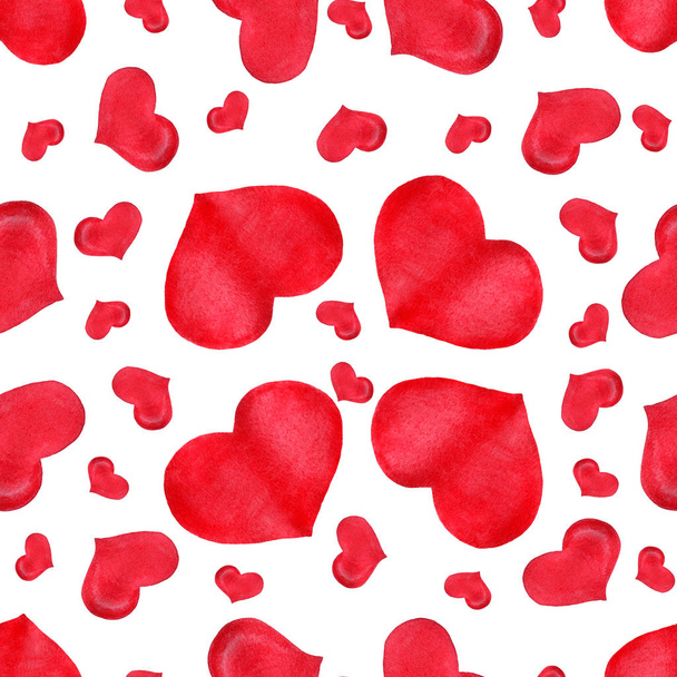 watercolor red hearts background, seamless repeat pattern with red hearts on white, valentines day background - Fotó, kép
