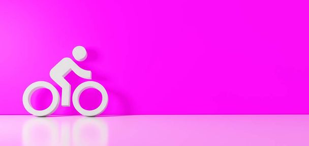 Representación 3D del símbolo blanco de la bicicleta con el icono del jinete apoyado en la pared de color con reflejo del suelo con espacio vacío en el lado derecho
 - Foto, Imagen