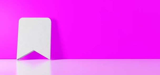 3D рендеринг белого символа значка закладки, опирающегося на цветную стену с отражением пола с пустым пространством справа
 - Фото, изображение