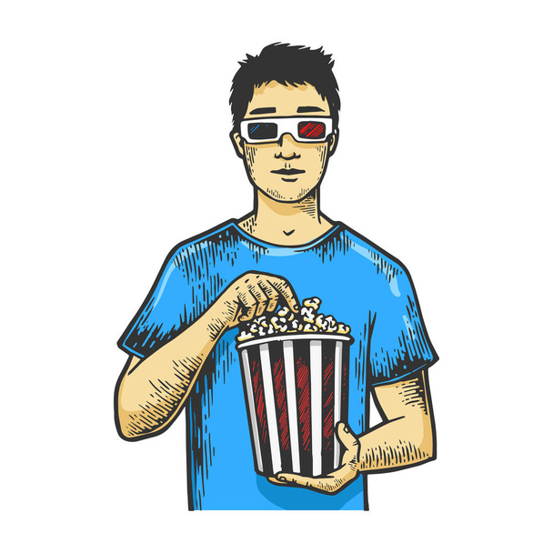 Man with pop corn in anaglyph glasses sketch vintage engraving vector illustration. T-shirt apparel print design. Scratch board style imitation. Hand drawn image. - Vetor, Imagem
