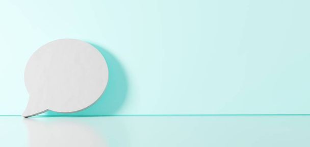 Representación en 3D del símbolo blanco del icono de burbuja de chat redondeado apoyado en la pared de color con reflejo del suelo con espacio vacío en el lado derecho
 - Foto, imagen