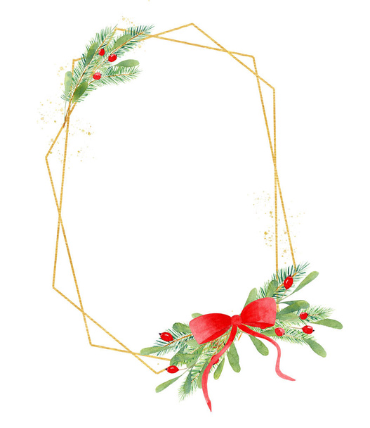 Forme ovale cadre polygonal de Noël avec des éléments botaniques illustration aquarelle dessinée à la main
 - Photo, image
