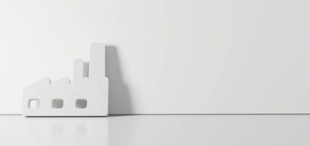 Representación 3D del símbolo blanco del icono de fábrica apoyado en la pared de color con reflejo del suelo con espacio vacío en el lado derecho
 - Foto, Imagen