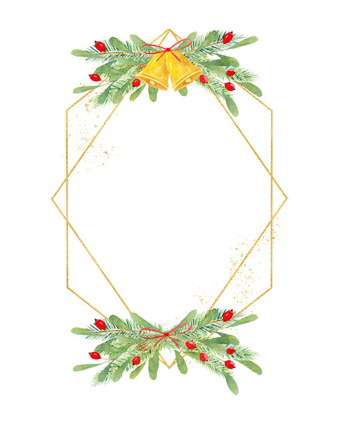 植物の装飾が施された二重六角形の幾何学的なクリスマスフレーム - 写真・画像
