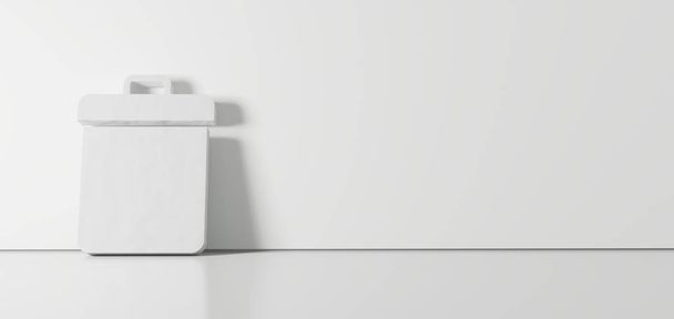 rendu 3D du symbole blanc de l'icône poubelle appuyé sur le mur de couleur avec réflexion au sol avec espace vide sur le côté droit
 - Photo, image