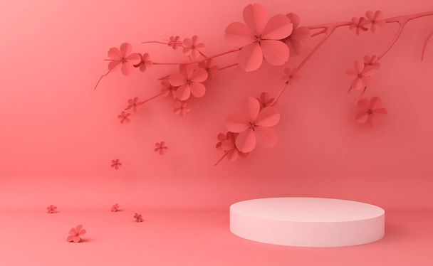 化粧品のプレゼンテーションの背景を表示します。空のショーケース, 3Dレンダリングイラスト,桜の花. - 写真・画像