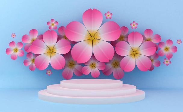 Visualizza lo sfondo per la presentazione del prodotto cosmetico. Vetrina vuota, illustrazione di rendering 3d, fiore Sakura
. - Foto, immagini