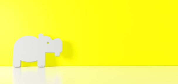 Renderização 3D do símbolo branco do ícone do hipopótamo apoiado na parede colorida com reflexão no chão com espaço vazio no lado direito
 - Foto, Imagem