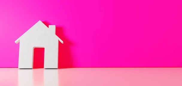 Representación 3D del símbolo blanco del icono del hogar apoyado en la pared de color con reflejo del suelo con espacio vacío en el lado derecho
 - Foto, Imagen