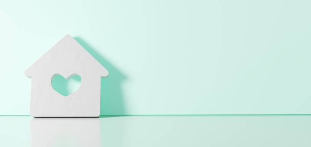Representación 3D del símbolo blanco del icono de la casa apoyado en la pared de color con reflejo del suelo con espacio vacío en el lado derecho
 - Foto, Imagen