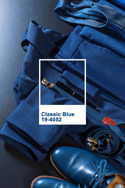 Classic set men clothes blue suit, shoes, belt - Foto, immagini