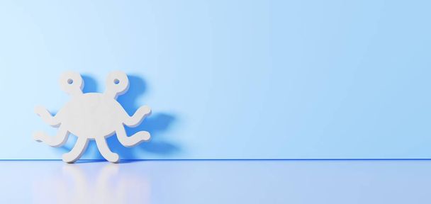 Representación en 3D del símbolo blanco del icono del pastafarianismo apoyado en la pared de color con reflejo del suelo con espacio vacío en el lado derecho
 - Foto, imagen