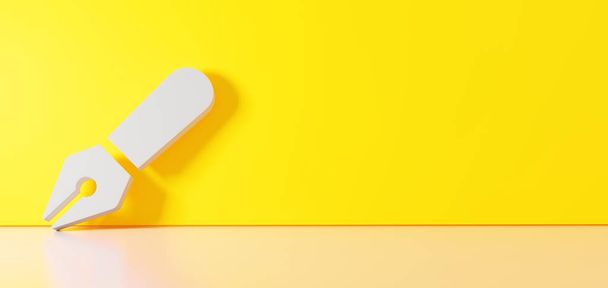 3D απόδοση του λευκού συμβόλου του στυλό φανταχτερό εικονίδιο ακουμπά στον τοίχο χρώμα με αντανάκλαση δαπέδου με κενό χώρο στη δεξιά πλευρά - Φωτογραφία, εικόνα