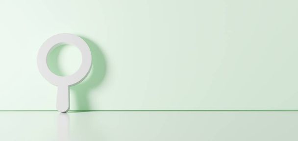 Representación en 3D del símbolo blanco del icono de búsqueda apoyado en la pared de color con reflejo del suelo con espacio vacío en el lado derecho
 - Foto, Imagen