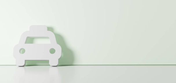 3D vykreslení bílého symbolu ikony taxi opírající se o barevnou stěnu s podlahovým odrazem s prázdným prostorem na pravé straně - Fotografie, Obrázek