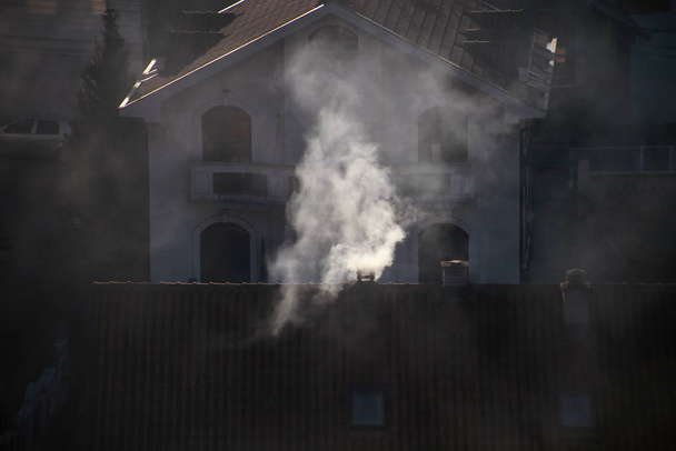 I camini di fumo a tetti di case emettono il fumo, lo smog all'alba, gli inquinanti entrano in atmosfera. Un disastro ambientale. Emissioni nocive e gas di scarico nell'aria. Nebbia, giorno d'inverno, stagione di riscaldamento
. - Foto, immagini