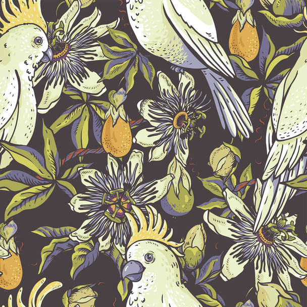 Vintage white parrot, floral natural seamless pattern. Passiflor - Vector, Image