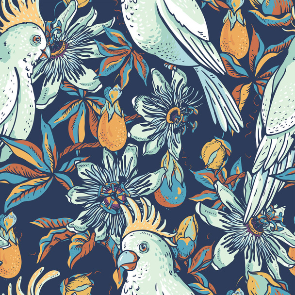 ヴィンテージホワイトのオウム、花の自然なシームレスなパターン。パスフロア - ベクター画像