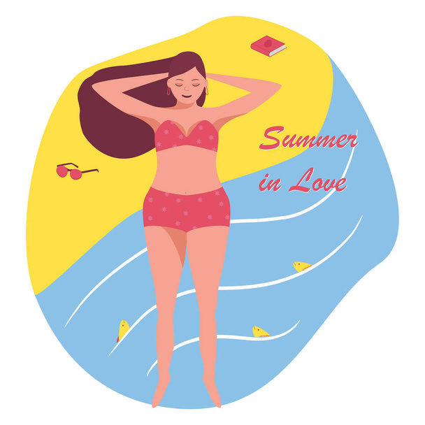 Young woman, slightly plump, in a bathing suit. Lies on the beach, feet in the water. Fish peeking out of the water. Near the girl's glasses and a book. Text Summer in love. Vector - Vector, Image