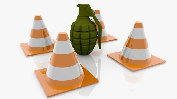 Concept de grenade à fragmentation avec quatre cônes routiers autour
 - Photo, image