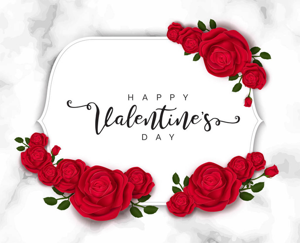 Valentin-nap üdvözlő kártya sablonok realisztikus gyönyörű vörös rózsa a háttérben  - Vektor, kép