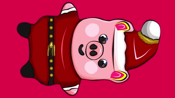Vertikale Aufnahmen Social Media. lustige Charakter-Animation kopieren Raum rosa Hintergrund. Weihnachtsmann Schweinchen Weihnachtsmütze springen vor Freude, rote Wangen und blinkende Augen. handgezeichnete digitale Illustration Videokonzept. - Filmmaterial, Video