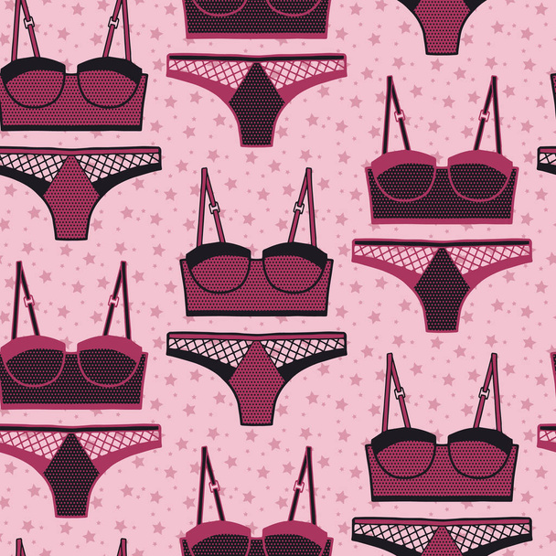 Vector lingerie pattern in pink and black. Simple outline bra & panties set hand drawn made into repeat. Great for background, wallpaper, wrapping paper, packaging, fashion. - Vektör, Görsel