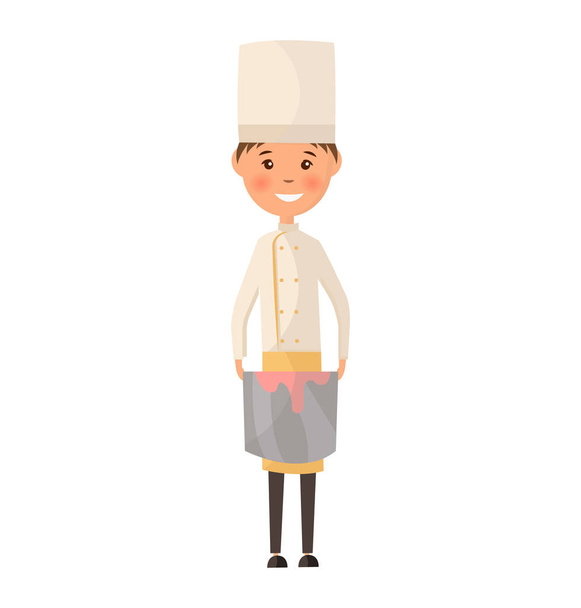 Criança em um tampão de cozinha que mantém o prato com a comida. Modelo de design de logotipo para alimentos para bebês. Personagem criança padeiro ilustração
 - Vetor, Imagem