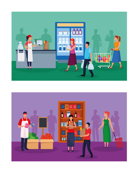 grocery stores with people characters - Vector, Image