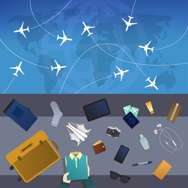 Someone packing his stuff for travel in an opened suitcase. - Vector, Image
