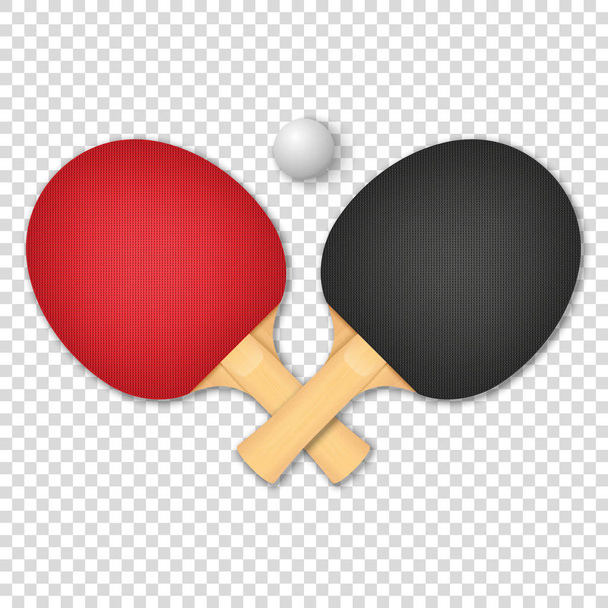 Vector 3d Realistyczne Red and Black Ping Pong Rakieta i ikona Ball zbliżenie Izolowane na przejrzystym tle. Sprzęt sportowy do tenisa stołowego. Wzór szablonu. Ilustracja zapasów - Wektor, obraz