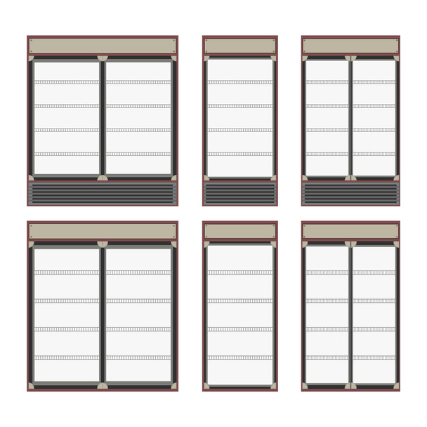 Collection of different commercial refrigerators for stores and supermarket. Empty fridges with shelves inside and glass doors for cooling drinks in shops. Isolated vector illustration. - ベクター画像