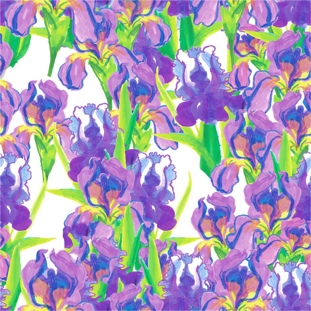 Bezešvé vzory růžových irisů na bílém modrofialovém pozadí - Vektor, obrázek