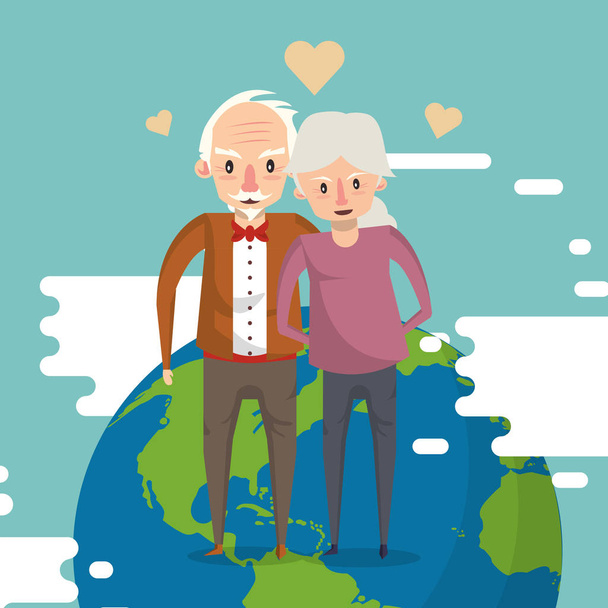 cute grandparents couple lovers in the world planet - Vector, Image