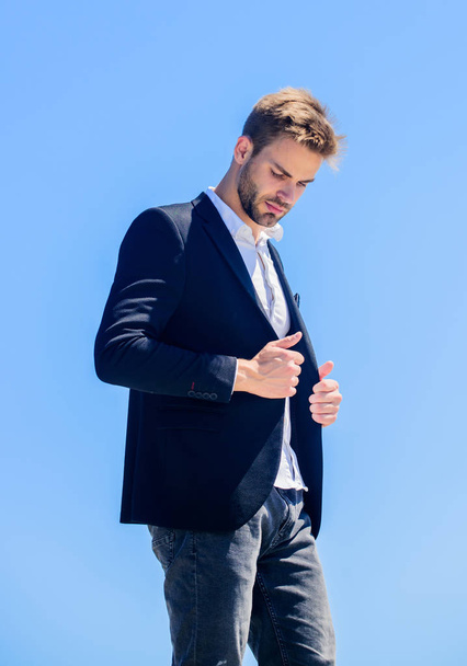 Young entrepreneur businessman. Hipster with beard. Businessman against blue sky. Future success. Male formal fashion. Bearded man. Successful businessman. Handsome man wear suit. Fashion shop - Photo, image