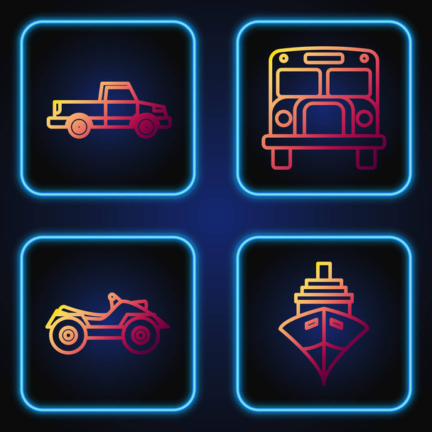 Set line Cargo ship, All Terrain Vehicle or ATV motorcycle, Pickup truck and School Bus. Gradient color icons. Vector - Vettoriali, immagini