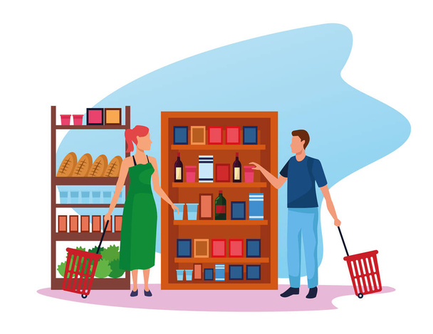 аватар женщина и мужчина в супермаркете стоит с продуктами
 - Вектор,изображение